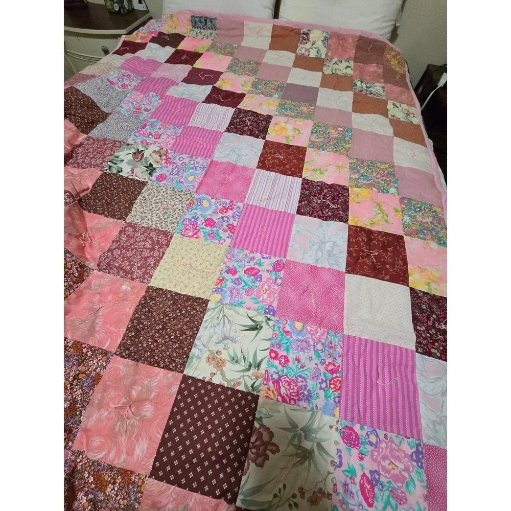 New Handmade Patchwork Quilt Pink Floral Butterflies Queen Bedding Cover /0190‎